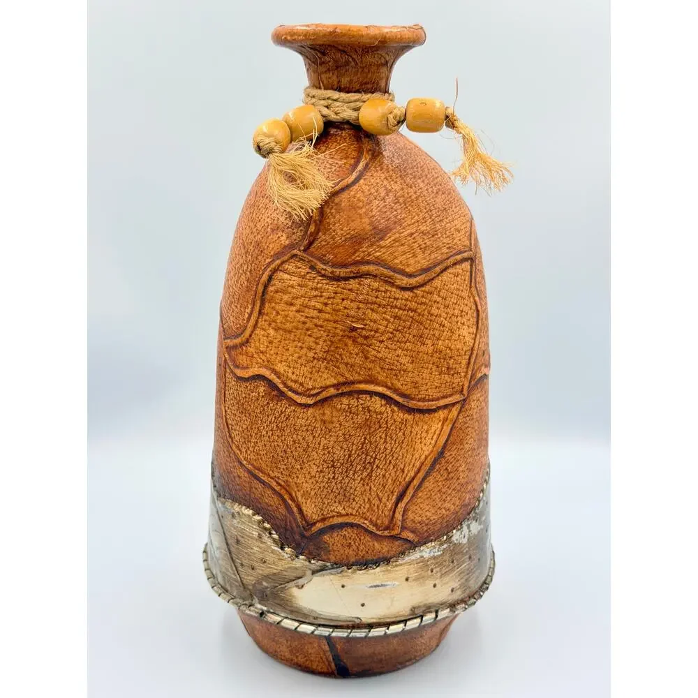 Folk-art Mexican Hand-tooled Leather and Tin Wrapped Bud Vase Southwestern Decor